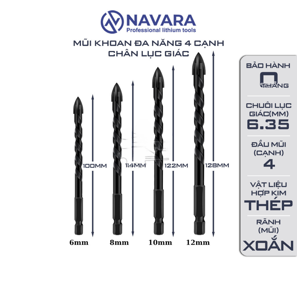 Mũi Khoan Đa Năng 4 Cạnh Chuôi Lục Giác - Bán Lẻ Đầy Đủ Kích Cỡ