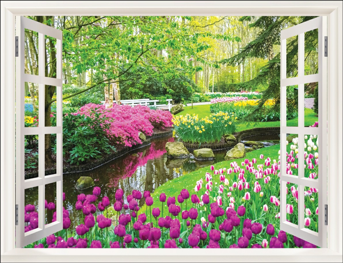 Tranh dán tường 3d khung cửa sổ phong cảnh trang trí phòng khách hàng quán đẹp giá rẻ chất liệu decal pp keo sẵn bóc dán atm