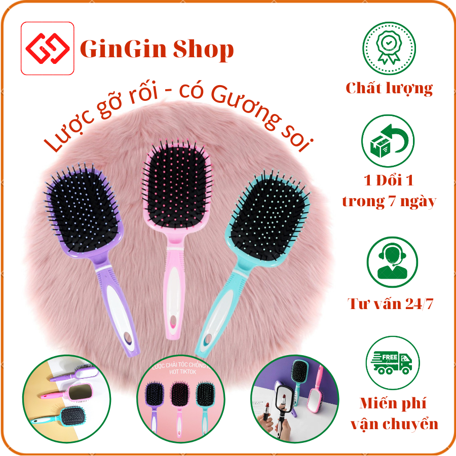 Lược chải tóc gỡ rối, có gương soi 2in1, lược chải tóc nữ cầm tay