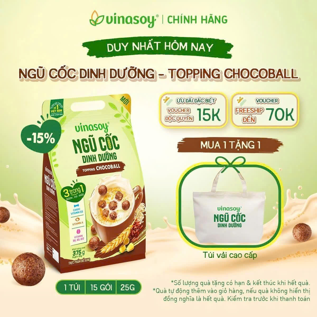 Túi ngũ cốc dinh dưỡng Vinasoy - Topping Chocoball 15 gói x 25g