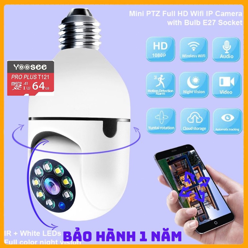 Camera yoosee wifi yoosee 8 led đuôi bóng đèn xoay 360 độ 5.0mpx - 1080p bảo hành 12 tháng