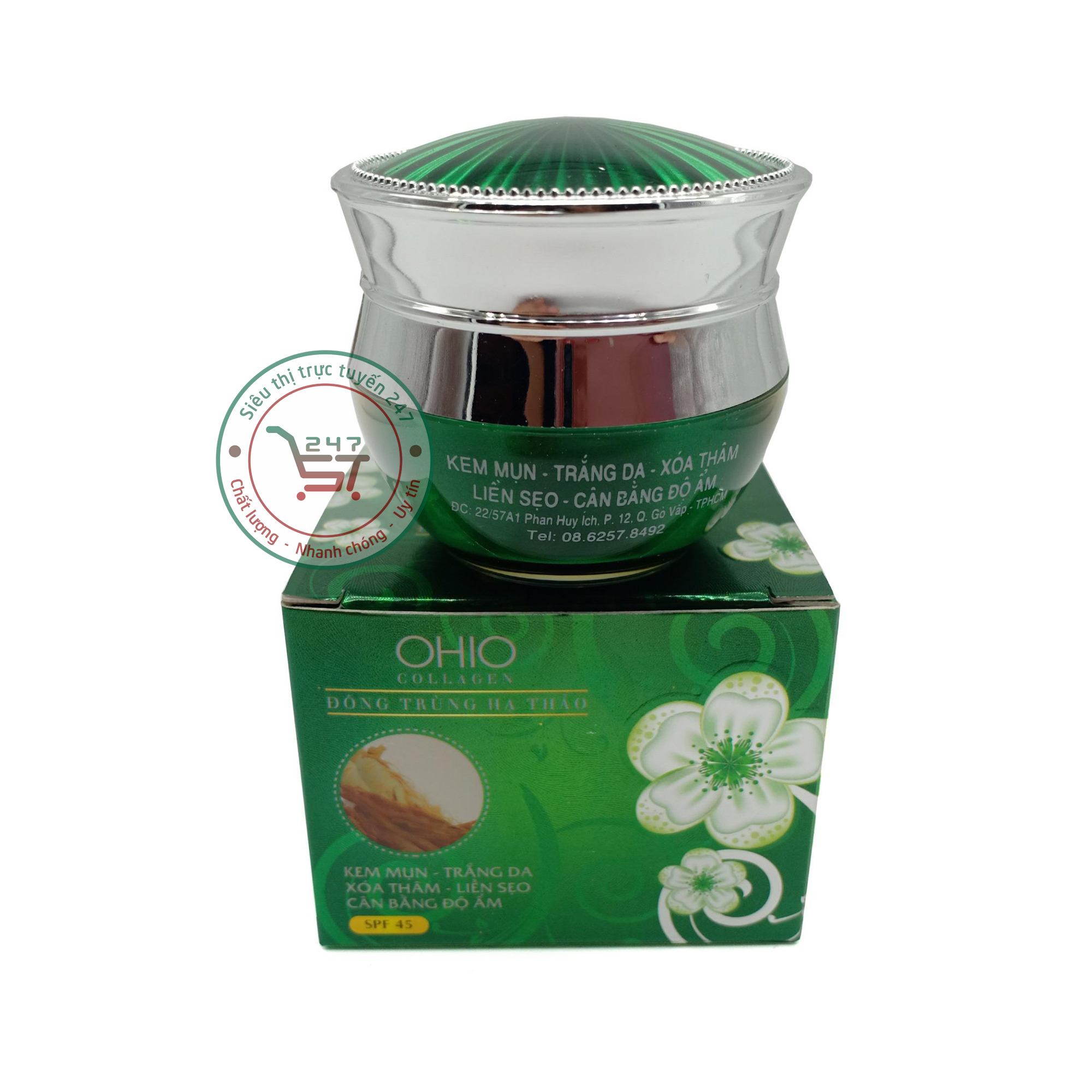 Kem Mụn Trắng da Xóa thâm Cân bằng độ ẩm Se khít lỗ chân lông Ohio Collagen đông trùng hạ thảo 20g (Xanh lá)