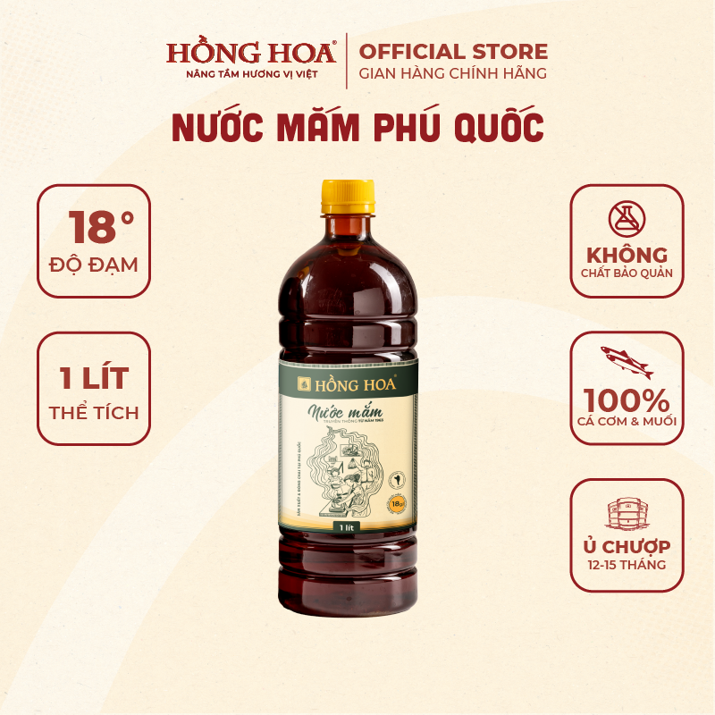 Nước mắm phú quốc hồng hoa 18 độ đạm 1000ml, nước mắm cá cơm truyền thống