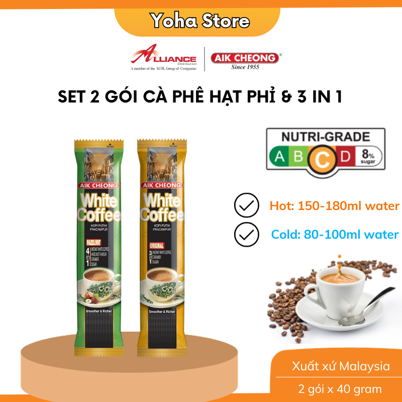 Chính hãng - Set 2 Gói Nhỏ Cà Phê Trắng Aik Cheong White Coffee 1 Ori, 1 Hazelnut- nhập khẩu từ Malaysia