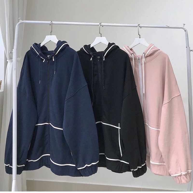 Áo khoác đen viền trắng ảnh thật unisex