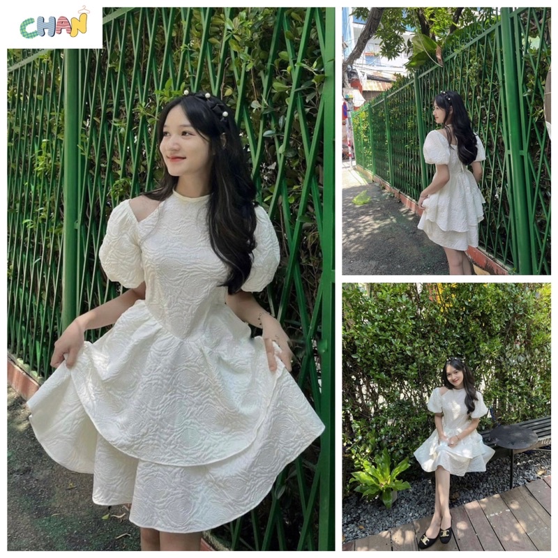 Váy xốp cổ yếm dáng xoè 2 tầng ulzzang hàn quốc, đầm nữ dự tiệc màu trắng sang trọng