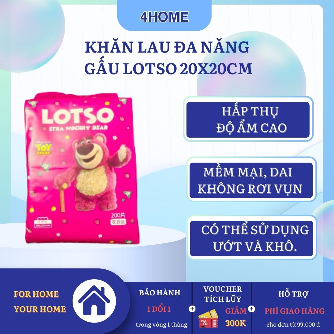 Khăn Giấy 4HOME Đa Năng Gấu Lotso 20x20cm, Treo Tường Dạng Rút 200 Tờ Mềm Mại, An Toàn Cho Da