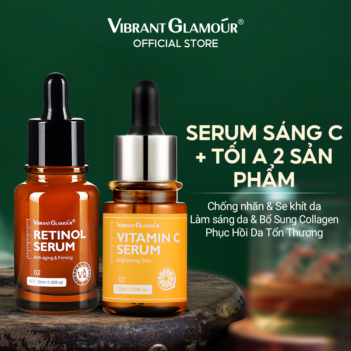 VIBRANT GLAMOUR Serum dưỡng da mặt Retinol tự nhiên + Bộ serum dưỡng da mặt vitamin C Làm trắng Chống lão hóa Kem dưỡng ẩm da mặt Chăm sóc da 2pcs