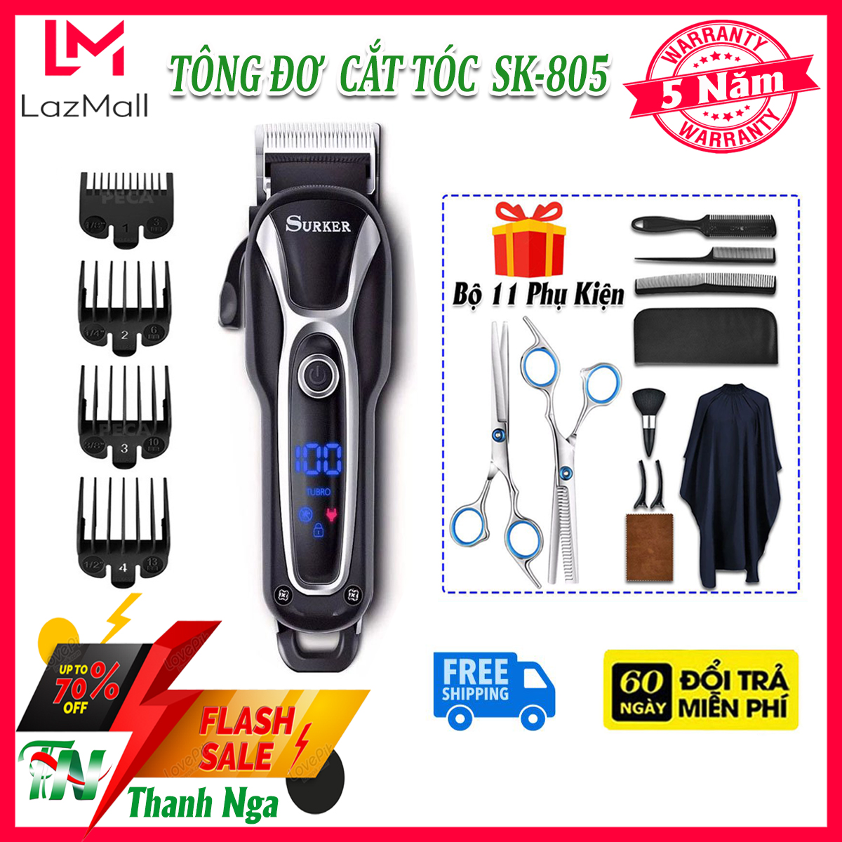 Tông đơ cắt tóc gia đình, tăng đơ hớt tóc chuyên nghiệp Surker 805, máy hớt tóc gia đình, trẻ em, tong đơ hớt tóc pin trâu bảo hành 5 năm