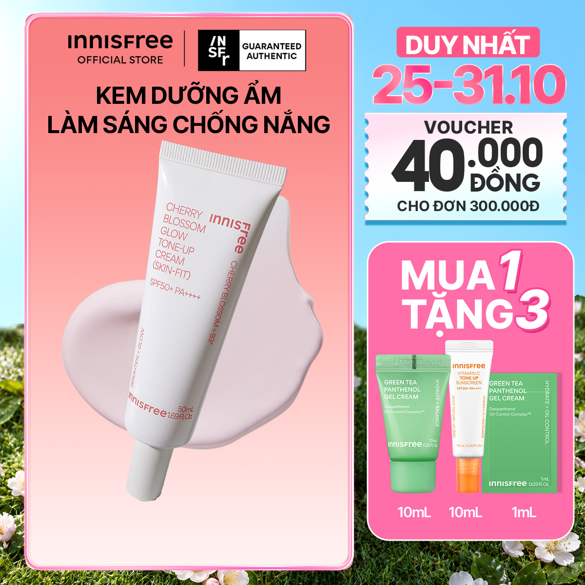 Kem dưỡng ẩm làm sáng chống nắng cho da INNISFREE Jeju Cherry Blossom Skin-Fit Tone-Up Cream SPF 50+PA++++ 50ml