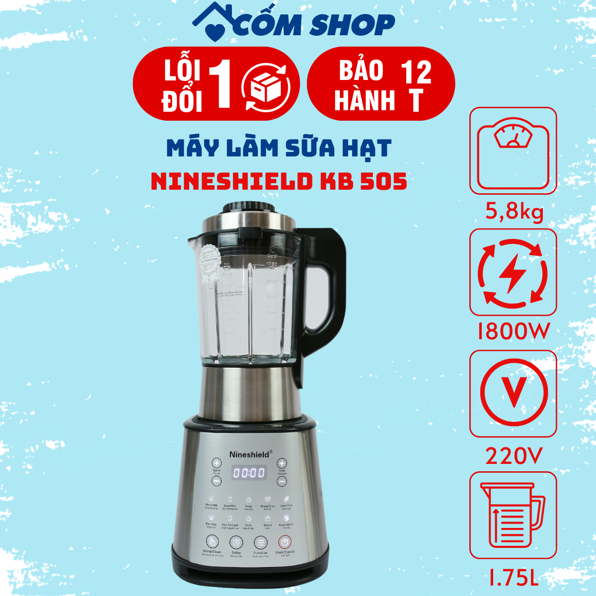 Máy làm sữa hạt Nineshield KB-505 - Dung tích 1,75 lít - Lưỡi dao kép - Máy xay nấu sữa đậu nành - Máy xay sinh tố đa năng