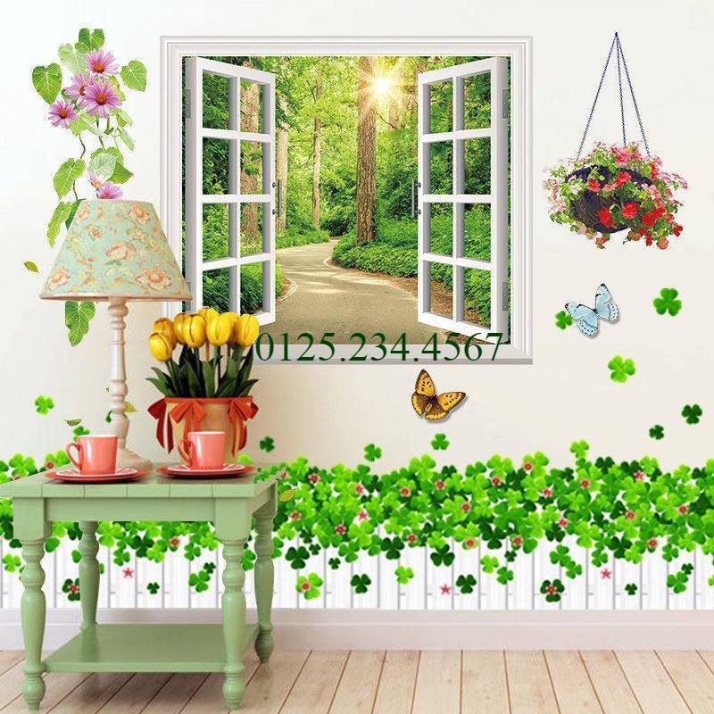 Decal dán tường Combo 2 tranh Khung cửa sổ xanh + hàng rào cỏ 3 lá