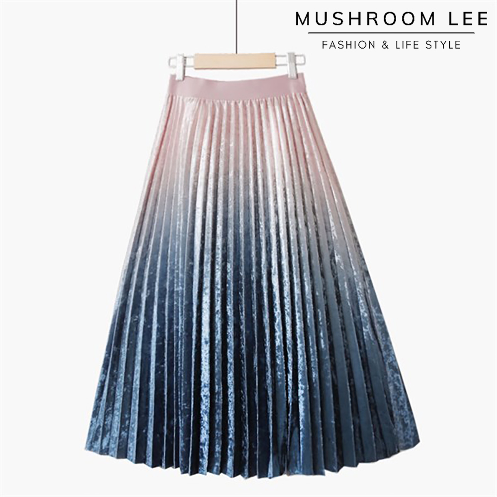 Mushroom lee - chân váy nhung xếp ly gradient xanh hồng