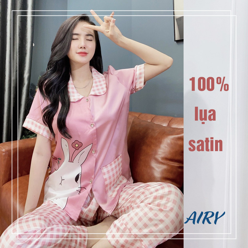 Đồ bộ pijama 100% lụa satin AIRY đồ ngủ nữ họa tiết tiểu thư cộc sang chảnh