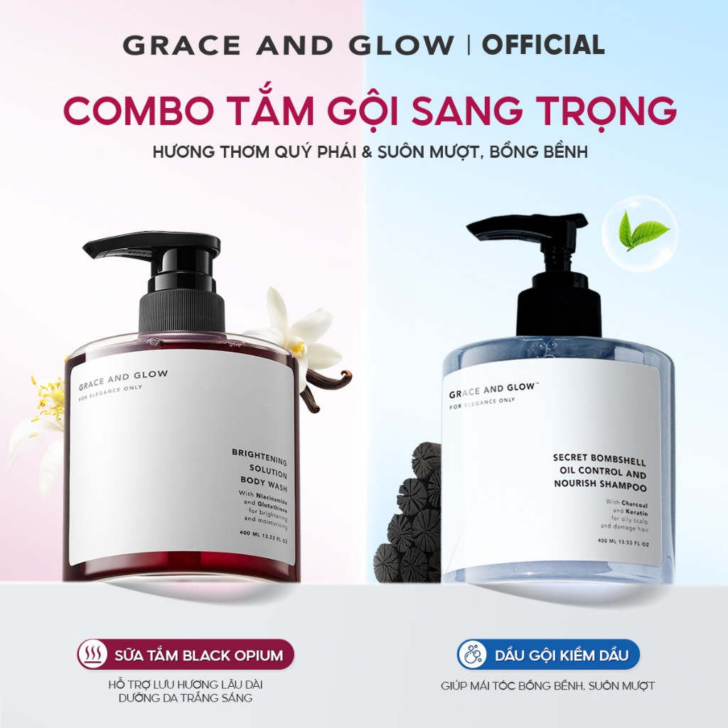  Combo sữa tắm và dầu gội than tre Oil Control Bombshell GRACE AND GLOW 400ml + 400ml 