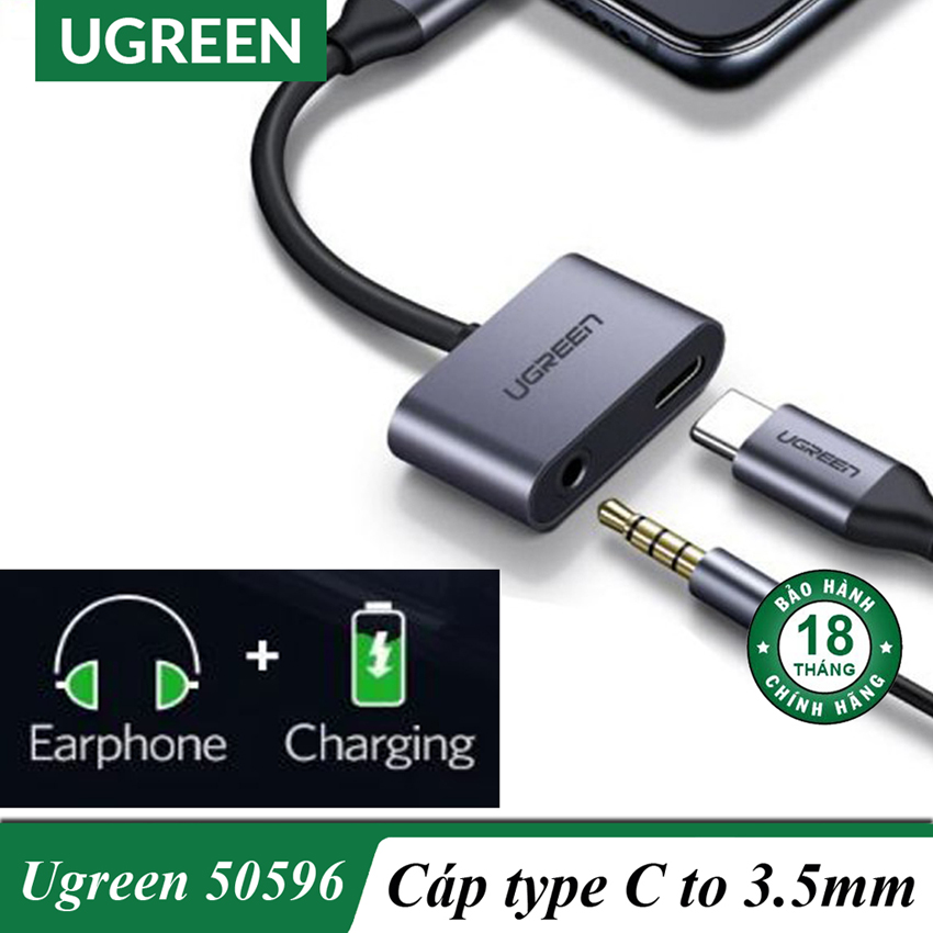 Cáp chuyển đổi usb type-c to audio 3,5mm hỗ trợ cổng sạc usb-c ugreen 50596 chính hãng