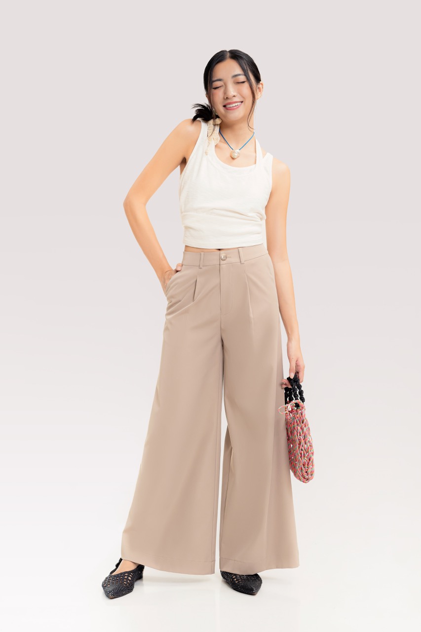LIBÉ - Quần dài ống rộng vải khaki dù màu nâu sữa