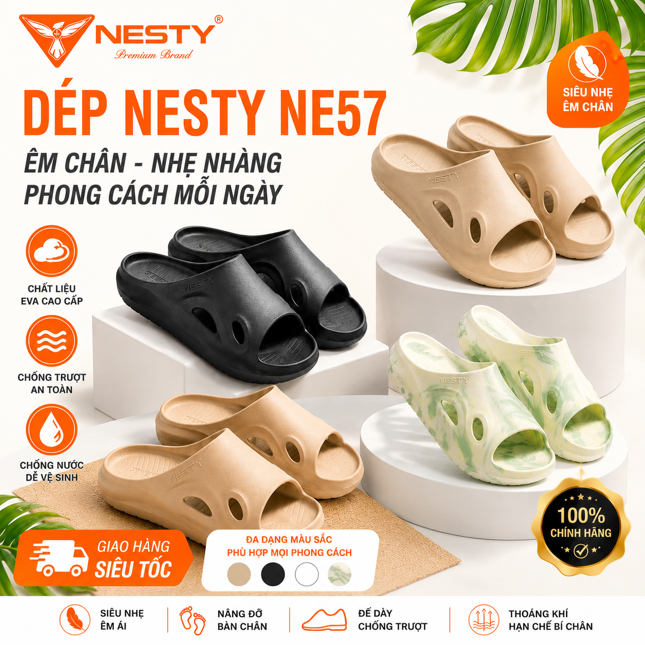 DÉP NESTY NE57 – SIÊU NHẸ, ÊM CHÂN, THỜI TRANG UNISEX Dép Nesty NE57 được làm từ chất liệu EVA nguyên khối cao cấp, siêu nhẹ, êm ái và đàn hồi tốt. Thiết kế hiện đại với các khe thoáng khí giúp giảm bí chân, phù hợp sử dụng hằng ngày cho cả nam và nữ.