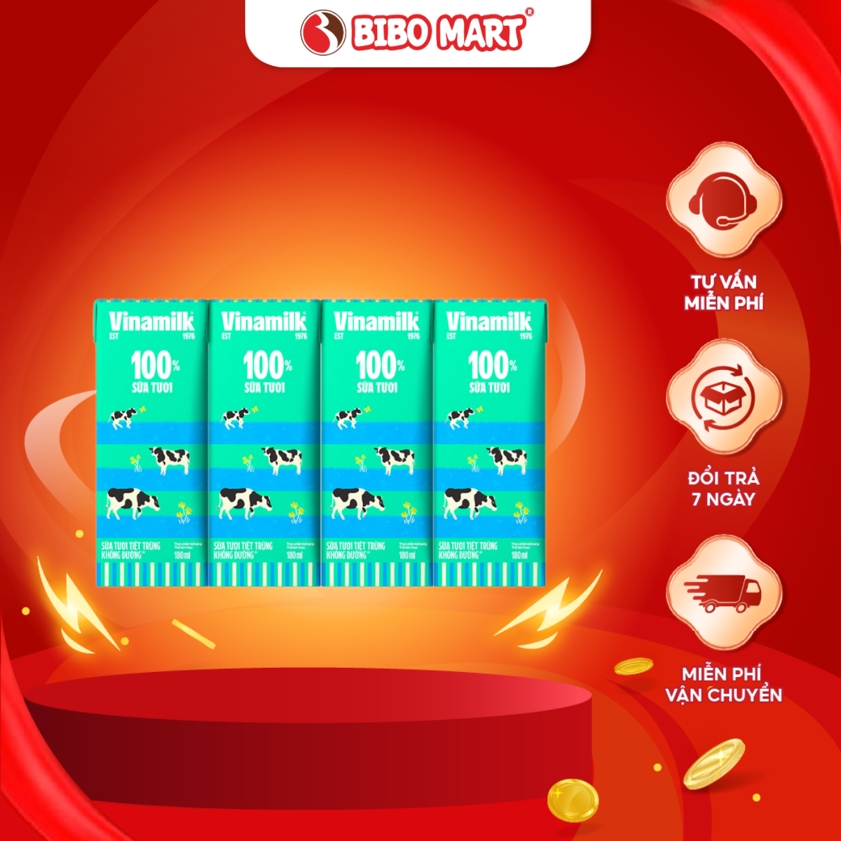 Lốc 4 Hộp Sữa Tươi Vinamilk Không Đường 180ml - Bibo Mart