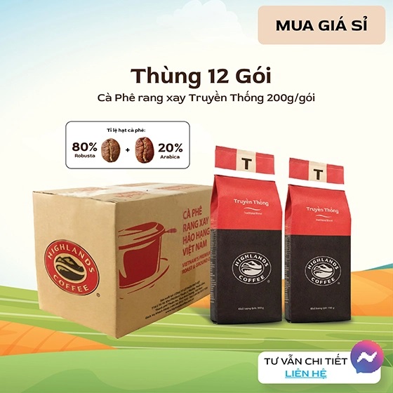 Thùng 12 gói Cà phê Rang xay Truyền thống Highlands Coffee 200g
