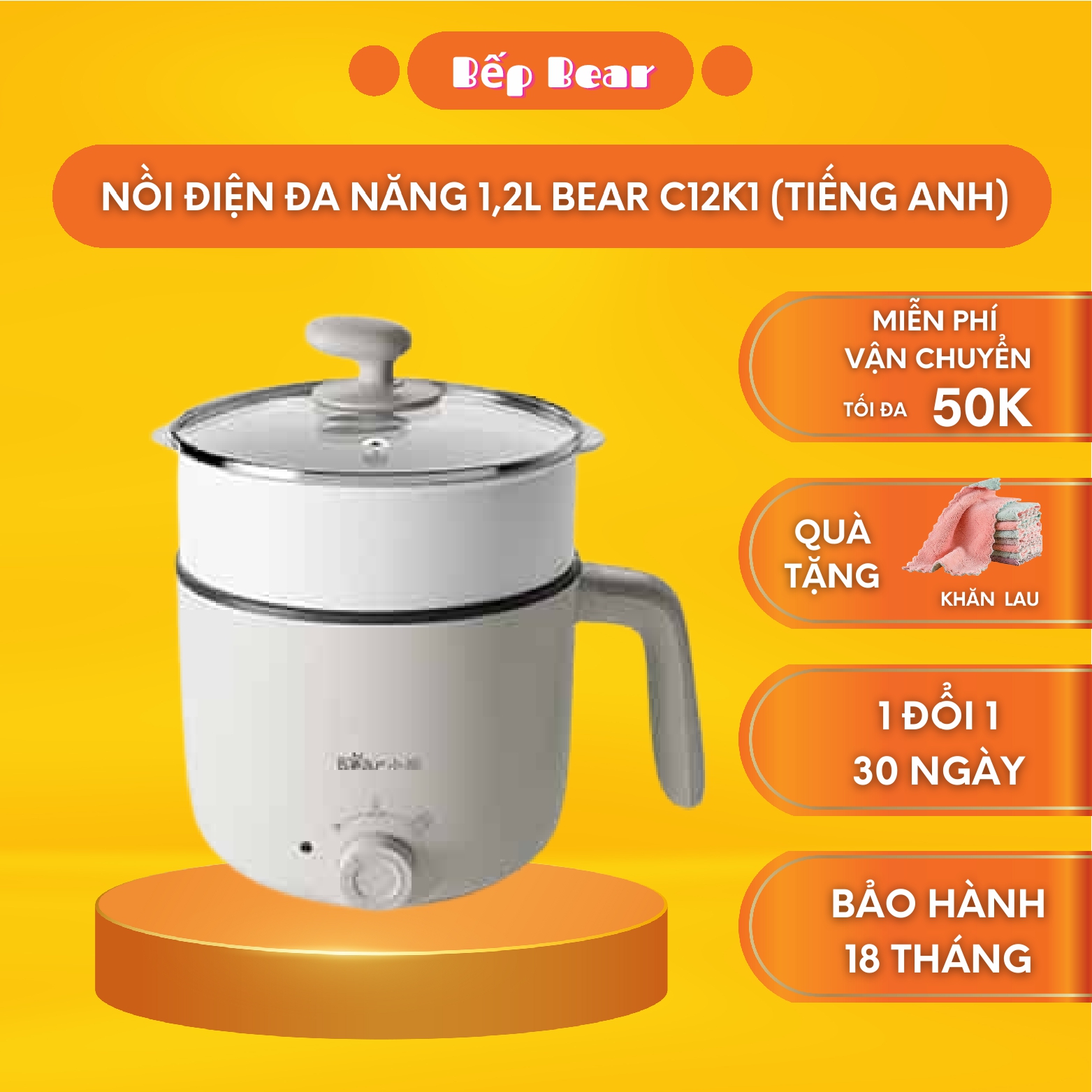 Nồi lẩu mini đa năng, nồi điện mini ca nấu mì 2 nấc nhiệt kèm giá hấp inox, đế chống dính, chiên xào, hấp, luộc, ăn lẩu tiện dụng, bảo hành 18 tháng