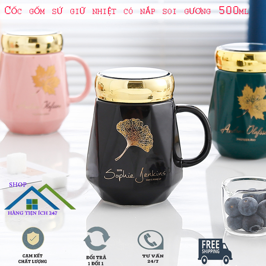 Ly sứ có nắp tráng gương, cốc sứ có nắp nắp tráng gương 460ml