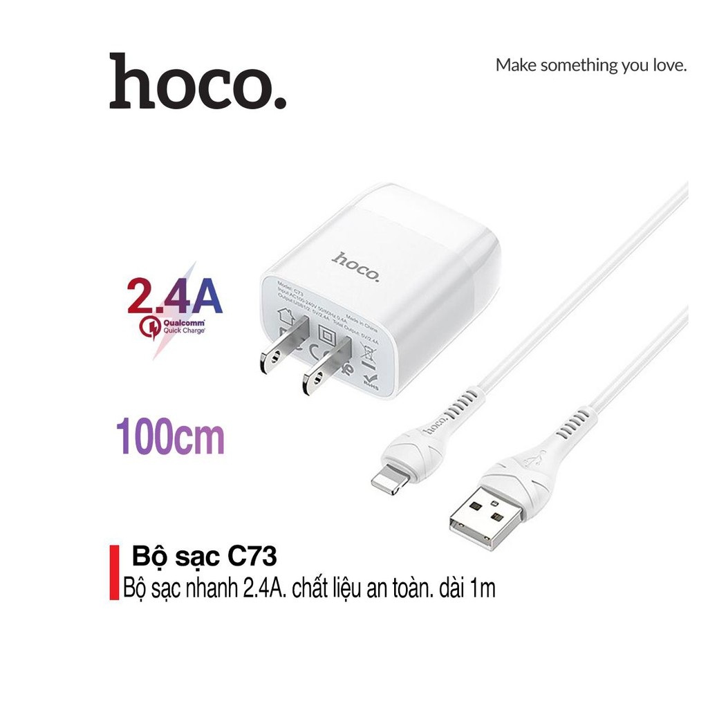 [HCM]Bộ sạc nhanh 2.4A Hoco C73 chuôi dẹt chống cháy cao cấp kèm dây cáp Lightning 1M cho iPhone/iPad