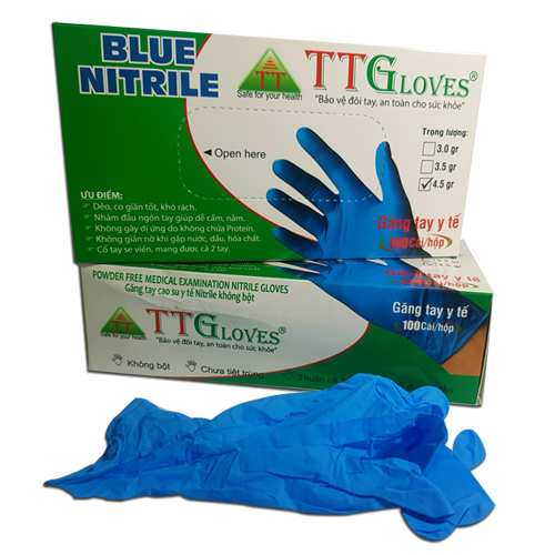 HỘP 100 CÁI Găng Tay Y Tế Nitrile Màu XANH TTGloves Trọng Lượng 4.5G (Size XS,S,M,L) Dùng Trong Thẩm Mỹ, Phun Xăm, Spa, Thực Phẩm