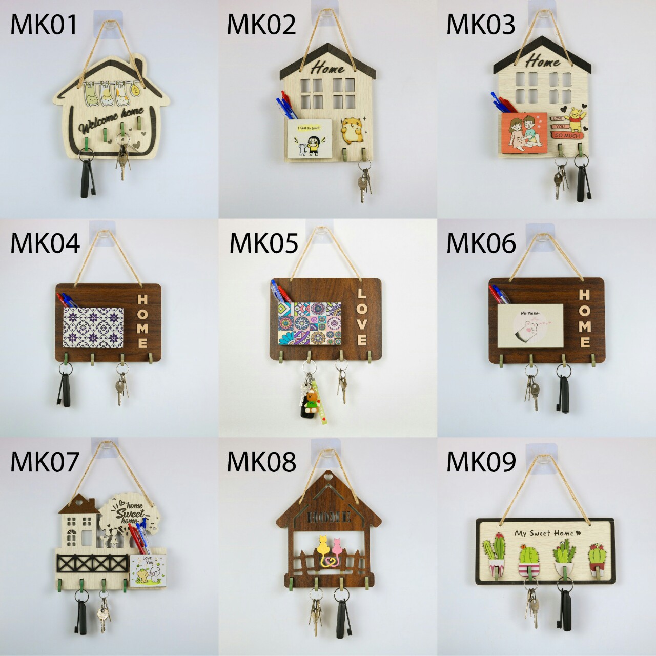 Bảng Gỗ Treo Móc Khóa BÁCH MỘC Hình Vẽ Dễ Thương Trang Trí Nhà Cửa