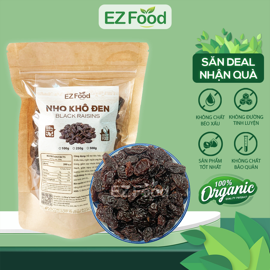 Nho khô đen không đường ezfood - nho sấy mọng chua ngọt tự nhiên, trái cây sấy dẻo không đường, không chất tạo ngọt, ăn vặt healthy