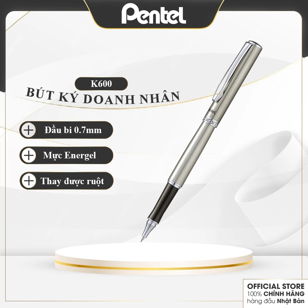  Bút Ký Doanh Nhân Mạ Vàng Cao Cấp Mực Gel Energel Pentel Nhật Bản K600 K600PG Ngòi 0.7mm - Mực Xanh Vỏ Kim Loại Có Ruột Thay Thế Hàng Chính Hãng 