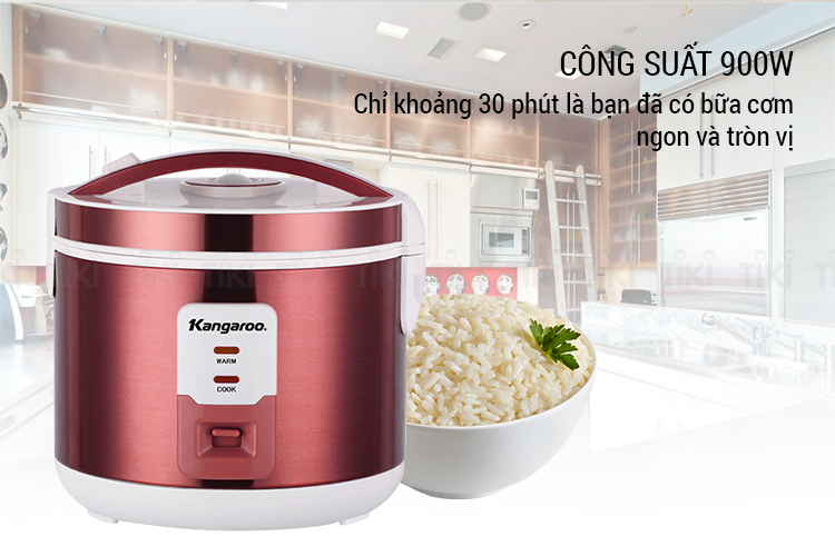 Nồi cơm điện Kangaroo KG571. Ruột nồi nhôm dày 2mm, 2 lớp phủ chống dính,Công nghệ ủ ấm 3D giúp tiết kiệm điện năng. • Quai xách chắc chắn, tiện dụng.