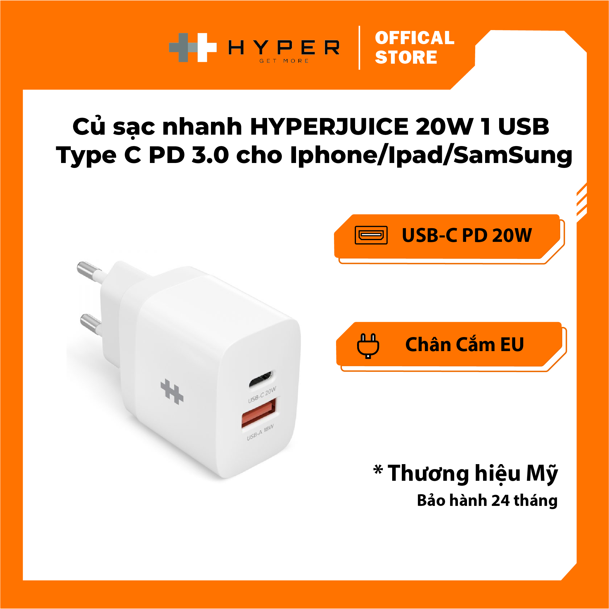 Sạc nhanh 20w hyperjuice 2 cổng charger small size hj205eu