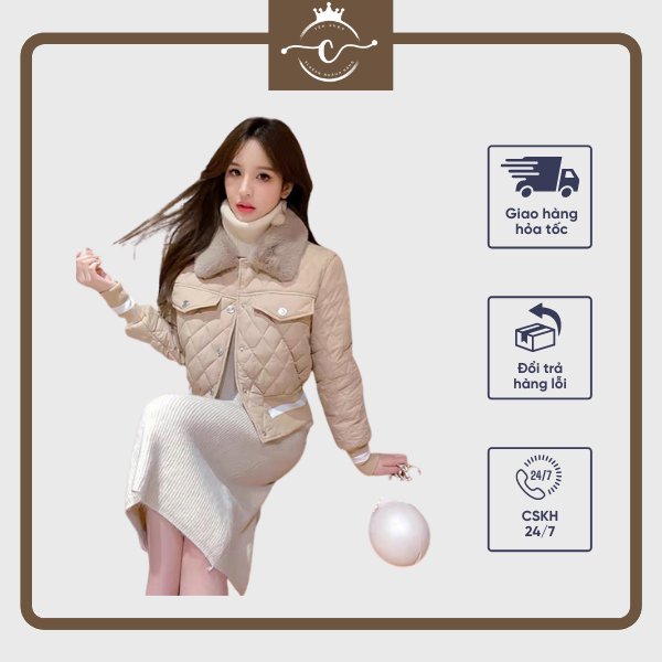 Sp31 áo phao nữ dáng ngắn áo phao cổ lông thỏ mềm màu be lên dáng chuẩn xinh