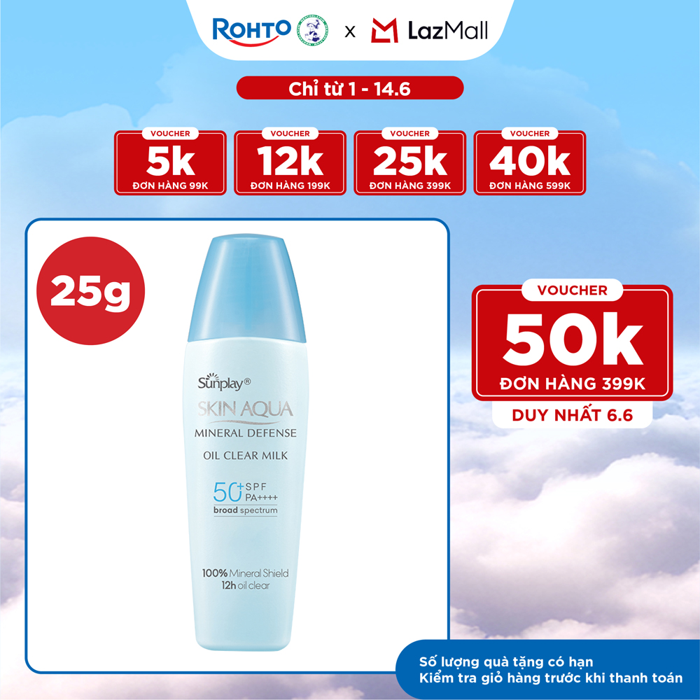 Kem chống nắng vật lý Skin Aqua kiềm dầu, dạng sữa dùng hàng ngày Sunplay Skin Aqua Mineral Defense Oil Clear Milk SPF50+ PA++++ 25g