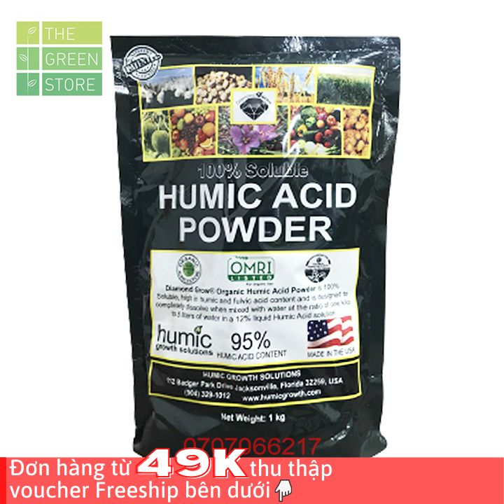 Phân bón Humic Acid Powder (1kg) hữu cơ nhập khẩu Mỹ, tan hoàn toàn, kích ra rễ mạnh cho hoa lan, hoa hồng, mai vàng, cây cảnh, rau sạch, cây ăn trái