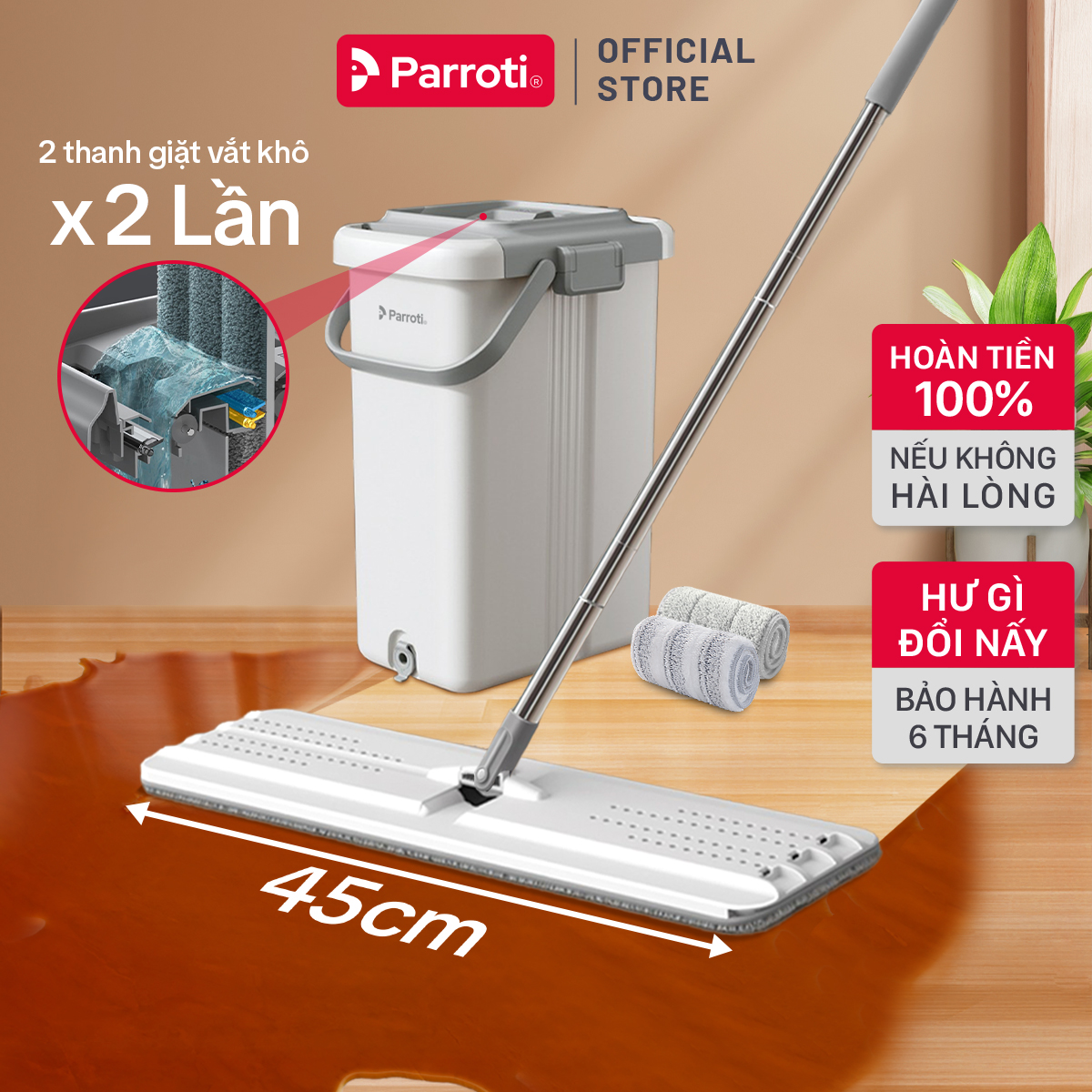  Cây lau nhà tự vắt thông minh bộ lau nhà công nghiệp có thùng vắt bàn lau 45cm lau sạch khô nhanh  Parroti Ultra PU45 