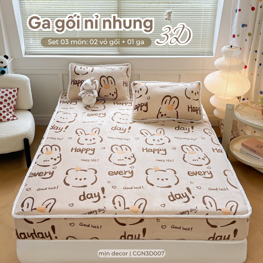 Bộ ga gối nỉ nhung 3d mịn decor, set 3 món drap nệm vỏ gối nằm mềm mại ấm áp - hoạ tiết dễ thương