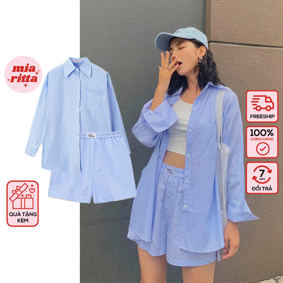 Set sơ mi và shorts kẻ xanh phong cách pyjama Mia Striped Shirt & Boxer Short Mia Ritta A2059B Q381B du lịch hè du lịch biển
