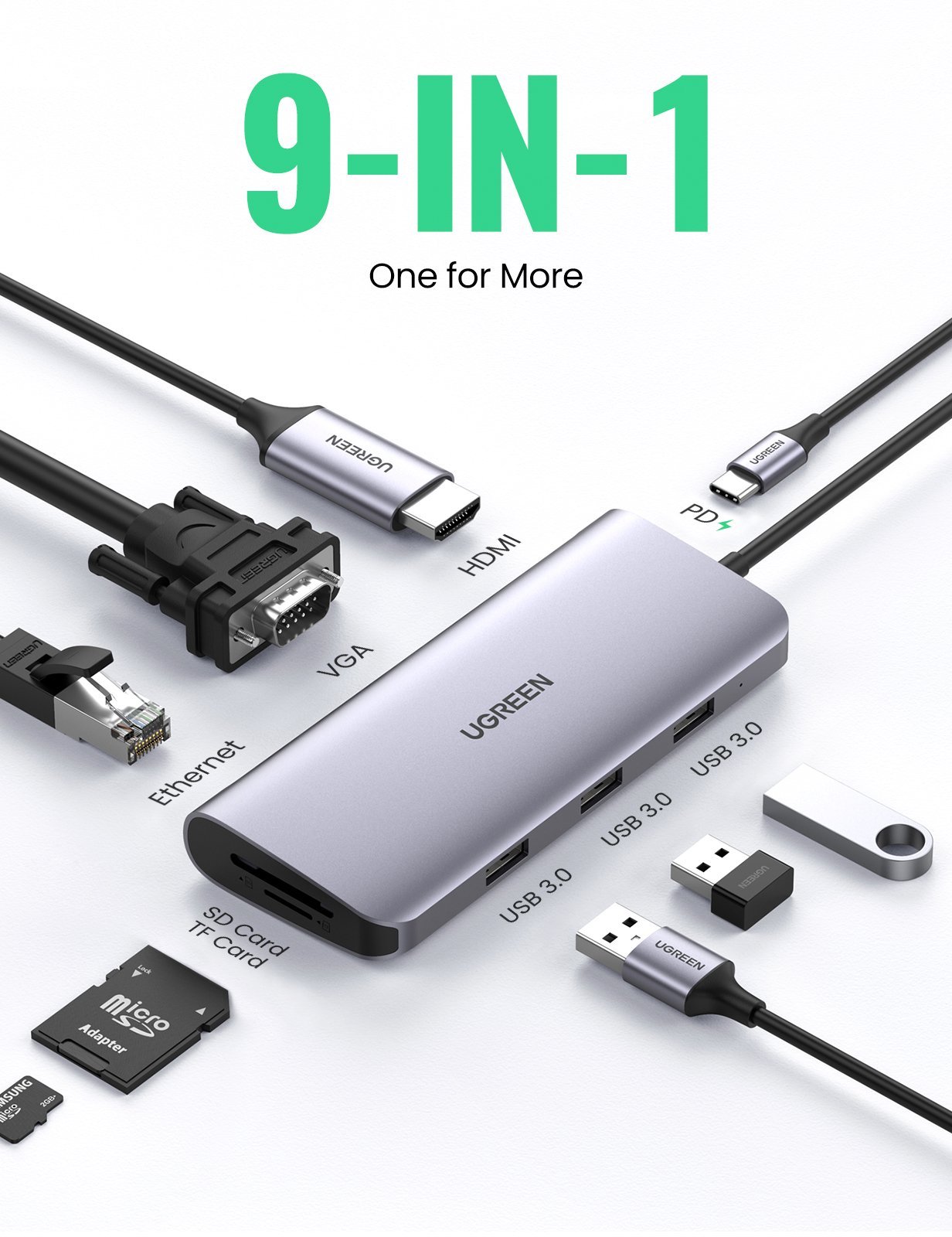 Thiết bị chia Ugreen 9 trong 1 USB type-C to HDMI/VGA/ Hub USB 3.0/ SD/TF/Lan Gigabit - model 40873