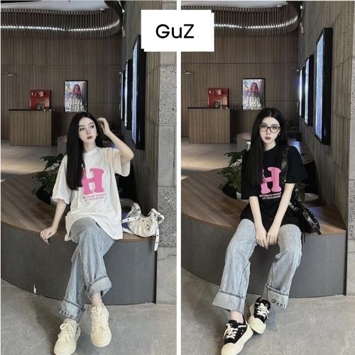 Áo thun basic in chữ H hồng cộc tay dáng rộng chất cotton khô 2 màu trắng, đen hàn quốc GUZ