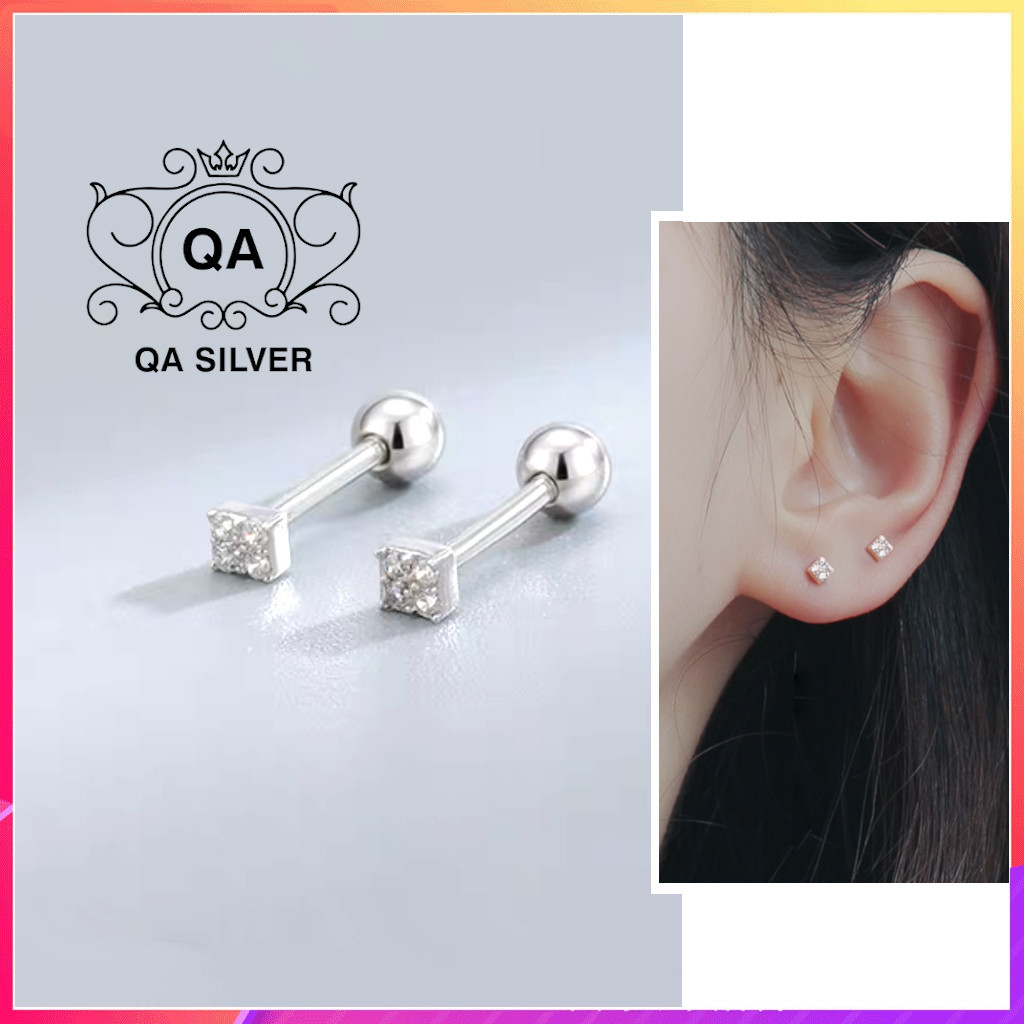 Khuyên tai bạc 925 vuông khảm đá chốt bi vặn bông nụ nữ s925 minimal qa silver earrings ea221208