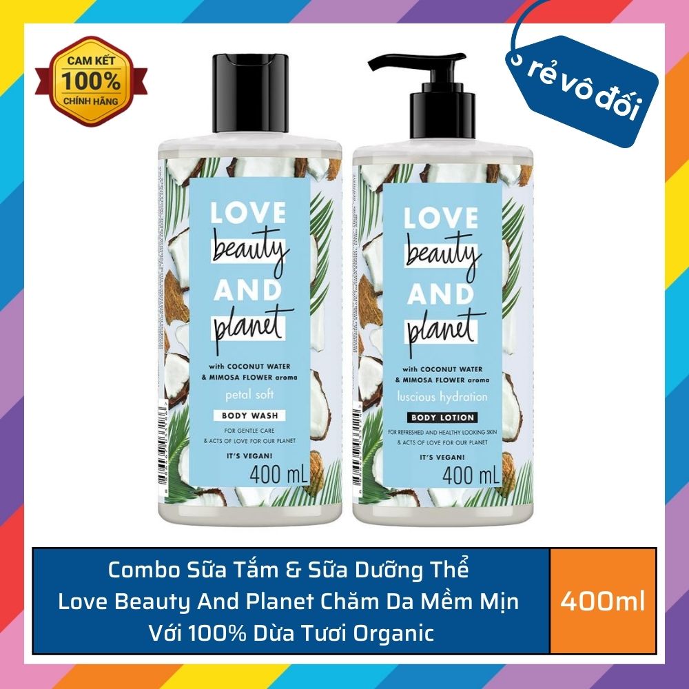 Sữa tắm và Sữa dưỡng thể Love Beauty And Planet chăm da mềm mịn với 100% dừa tươi organic 400ml - Thái Lan