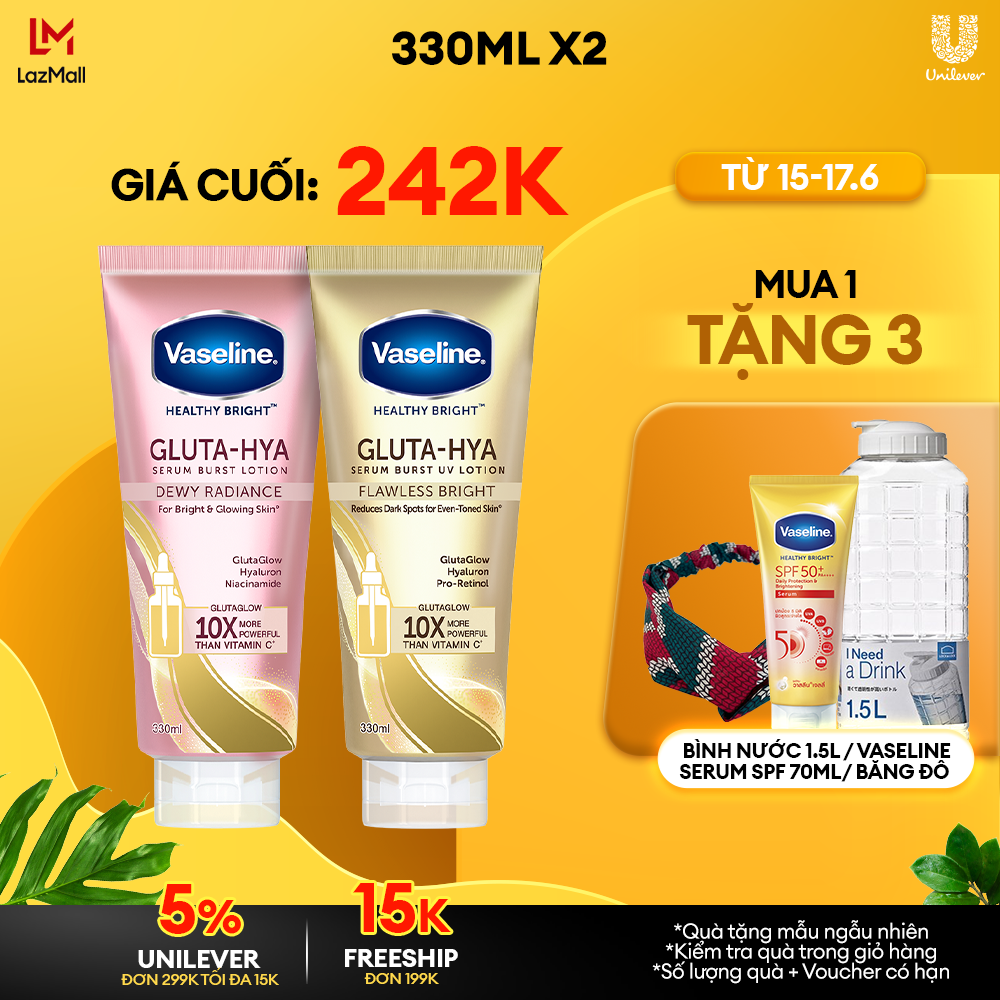 Combo Sữa dưỡng thể Ngày & Đêm Vaseline GlutaHya Dưỡng Da Sáng Mịn Sau 7 Ngày 330 ML/chai