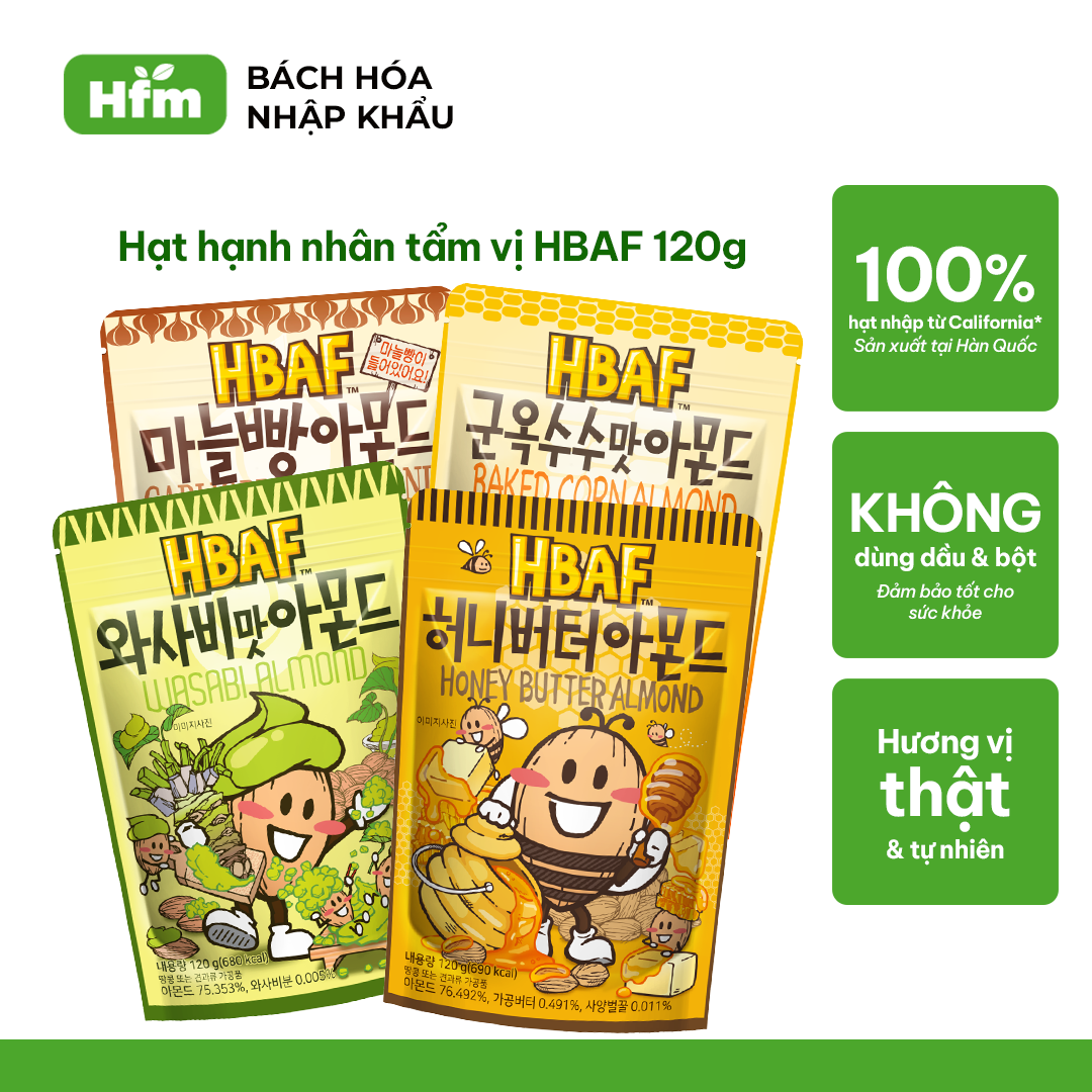Hạt hạnh nhân tẩm vị hàn quốc hbaf 120g nhiều vị lựa chọn nhập khẩu hàn quốc