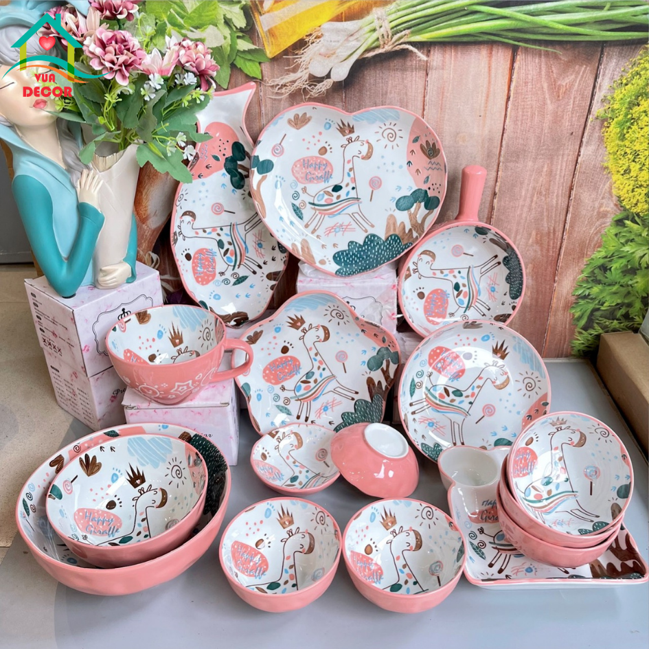Bộ bát đĩa sứ Hươu Hồng-chén bát Decor-bộ bát ăn cơm dễ thương phủ men bóng màu hồng,chén dĩa sứ đáng yêu VuaDecor