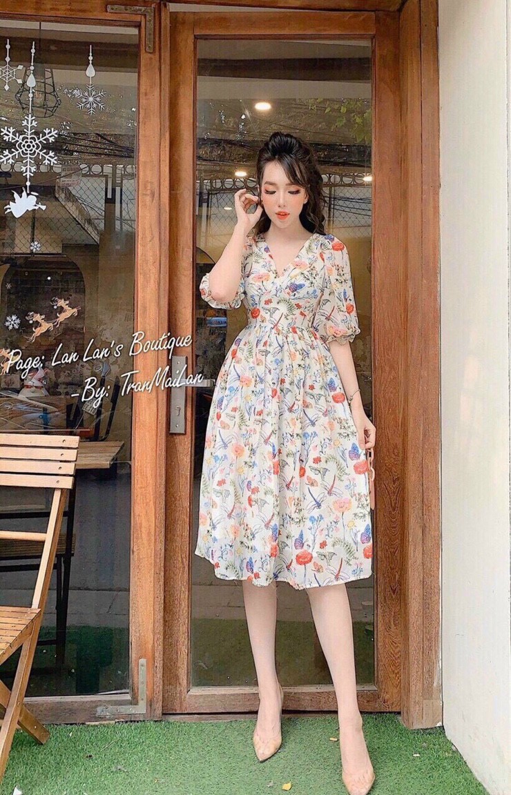 [HCM]Đầm maxi voan hoa cổ V tay lỡ cực xinh