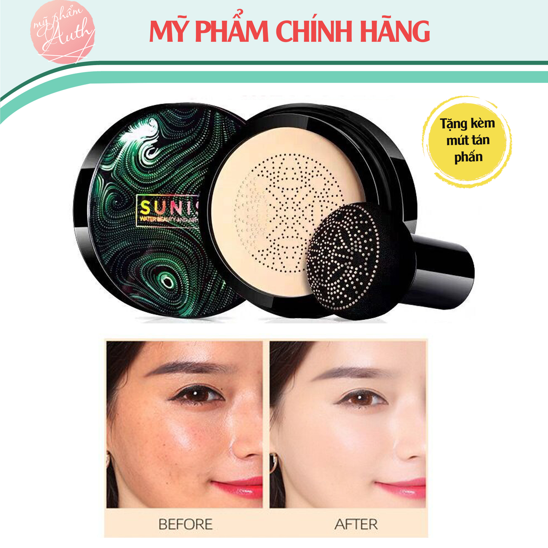 [HCM][Hàng Chính Hãng] PHẤN NƯỚC KIỀM DẦU SUNISA TẶNG KÈM MÚT TÁN NỀN PHẤN NƯỚC CÓ ĐỘ CHE PHỦ CAO LÂU TRÔI MỊN DA 20g [hàng nội địa Trung]