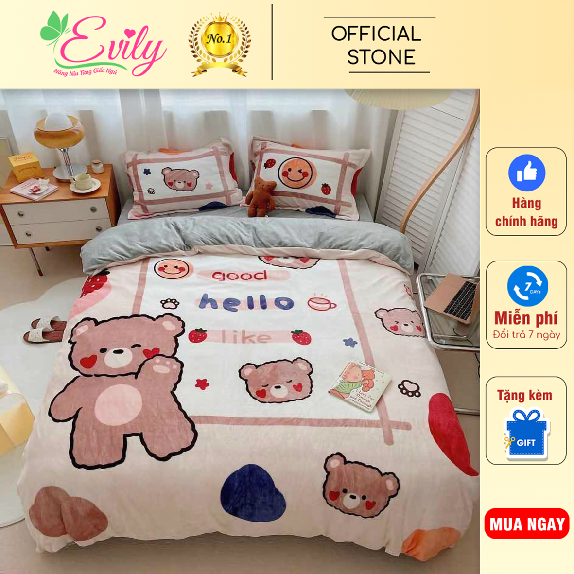 Trọn Bộ (4 Món) Chăn Ga Gối Nỉ Nhung Siêu Hot Hit. HỌA TIẾT GẤU HELLO. Mẫu Chăn Ga Gia Đình. Quà Tặng Ý Nghĩa Cho Bé Yêu Giấc Ngủ Ngoan. Thương Hiệu EVILY. Mã YHN025