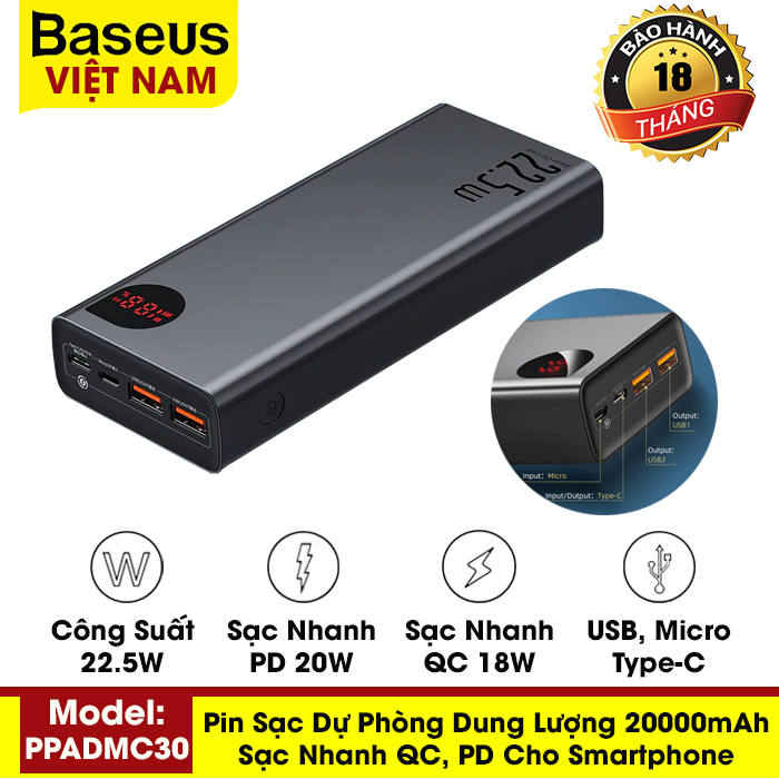 [BẢO HÀNH 18 THÁNG] Pin sạc dự phòng Baseus 30000mAh, sạc nhanh 22.5W công nghệ QC, PD cho iPhone, Samsung, Xiaomi, Huawei,...